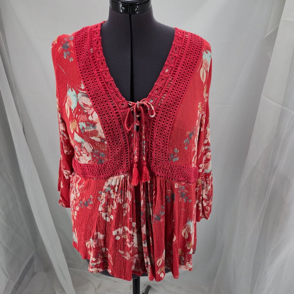 718-1 Torrid Orange Floral Crinkle Gauze & Crochet Babydoll Top Size 2 18/20